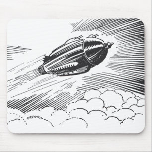 Vintage Science Fiction Spaceship Rocket in Clouds Mouse Pad