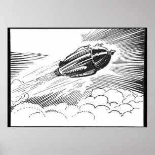 Vintage Science Fiction Spaceship Rocket in Clouds Poster
