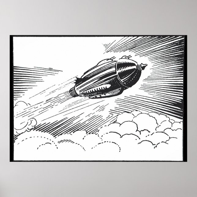 Vintage Science Fiction Spaceship Rocket in Clouds Poster (Front)