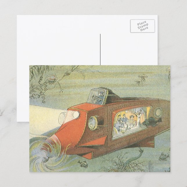 Vintage Science Fiction Steampunk Submarine in Sea Postcard (Front/Back)