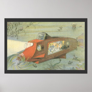 Vintage Science Fiction Steampunk Submarine in Sea Poster