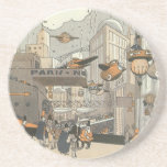 Vintage Science Fiction Urban Paris, Steam Punk Coaster<br><div class="desc">Vintage illustration Victorian steam punk Science Fiction futuristic travel and transportation metropolis image. The city of Paris,  France in the future with personal sized planes instead of cars and the Gare du Nord metro train station.</div>