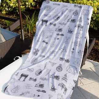 Vintage Science Illustrations Black White Pattern Beach Towel