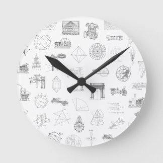 Vintage Science Illustrations Black White Pattern Round Clock