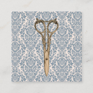 Vintage Scissor Dusty Blue Damask Beauty Salon Square Business Card