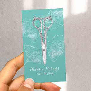 Vintage Scissor Ginkgo Leaves Hair Stylist Teal Business Card