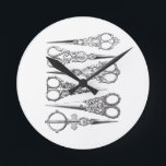Vintage Scissors Elegant Black White Decorative Round Clock<br><div class="desc">vintage scissors engraving/illustration,  elegant black and white image/graphic,  decorative/simple/classy/different/unusual/ornamental/cool/historical/detailed/intricate/chic/stylish/antique/old fashioned design,  six/6 vintage inspired/style/look/looking objects/tools,  1800s/19th century,  white background,  customise colour,  home decor/decoration/decorating,  vintage elegance,  swirls/rich details,  sewing/craft utensils,  two sided.
 
 Vintage inspired design featuring antique and stylish illustration of six scissors,  in black,  against a white background.</div>