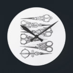 Vintage Scissors Elegant Black White Decorative Round Clock<br><div class="desc">vintage scissors engraving/illustration,  elegant black and white image/graphic,  decorative/simple/classy/different/unusual/ornamental/cool/historical/detailed/intricate/chic/stylish/antique/old fashioned design,  six/6 vintage inspired/style/look/looking objects/tools,  1800s/19th century,  white background,  customise colour,  home decor/decoration/decorating,  vintage elegance,  swirls/rich details,  sewing/craft utensils,  two sided.
 
 Vintage inspired design featuring antique and stylish illustration of six scissors,  in black,  against a white background.</div>