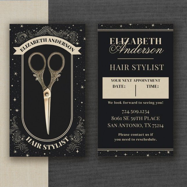 Vintage Scissors Hair Dresser Appointment Business Card (A vintage scissors Hair Stylist appointment card. Personalize it with your name  & Info.)