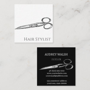 Vintage scissors, simple modern black and white sq square business card