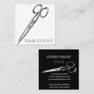 Vintage scissors, simple modern black and white sq square business card