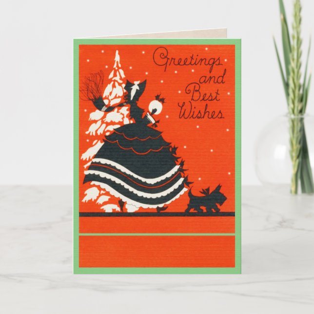 Vintage Scottie Dog and Lady Holiday Card (Front)