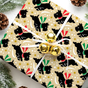 Vintage Scottie Dog Christmas Pattern Cute Gold Wrapping Paper