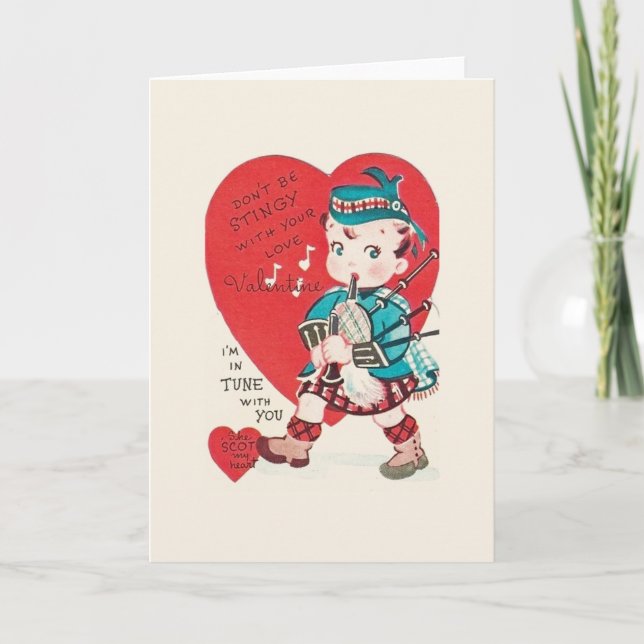 Vintage Scottish Bagpiper Valentine Holiday Card (Front)