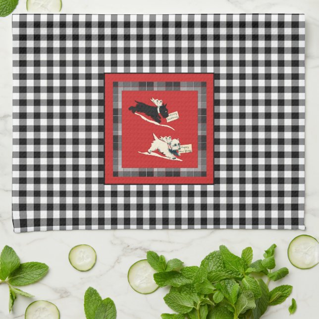 Vintage Scottish Terriers Scottie Dogs Christmas Tea Towel (Folded)