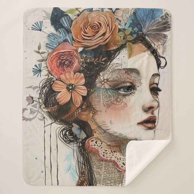 Vintage Scrapbook Collage Face (2) Sherpa Blanket (Front)