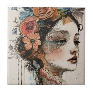 Vintage Scrapbook Collage Face (2) Tile