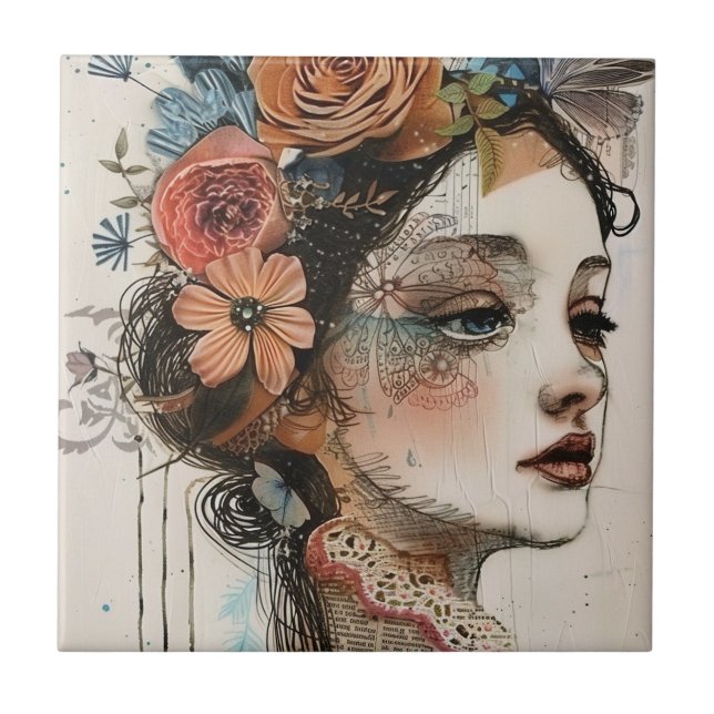 Vintage Scrapbook Collage Face (2) Tile (Front)