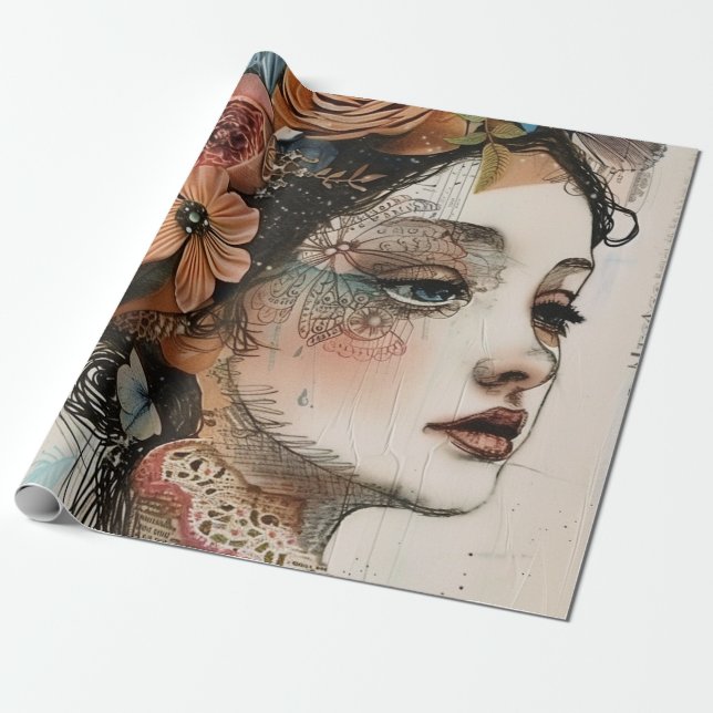 Vintage Scrapbook Collage Face (2) Wrapping Paper (Unrolled)