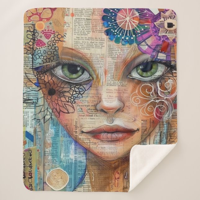 Vintage Scrapbook Collage Face (3) Sherpa Blanket (Front)