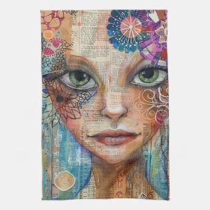 Vintage Scrapbook Collage Face (3) Tea Towel