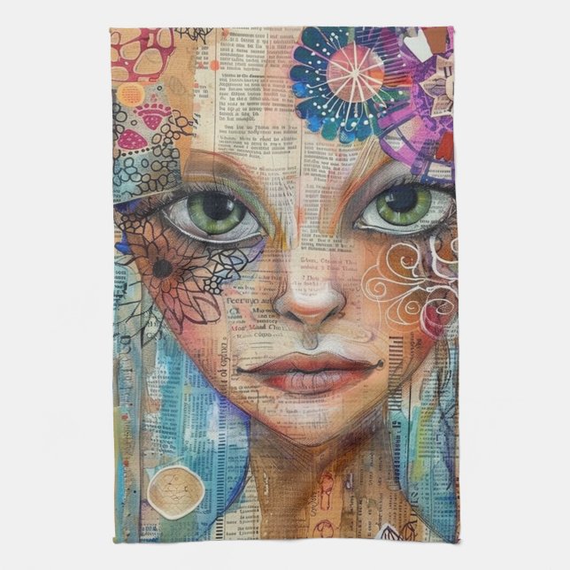 Vintage Scrapbook Collage Face (3) Tea Towel (Vertical)
