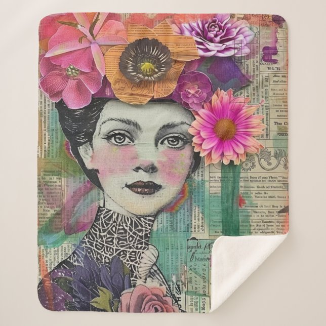 Vintage Scrapbook Collage Face (5) Sherpa Blanket (Front)