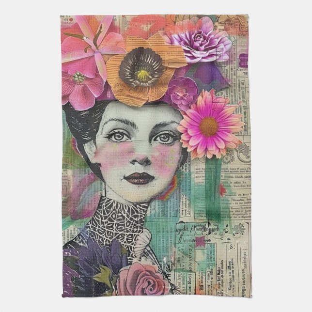 Vintage Scrapbook Collage Face (5) Tea Towel (Vertical)