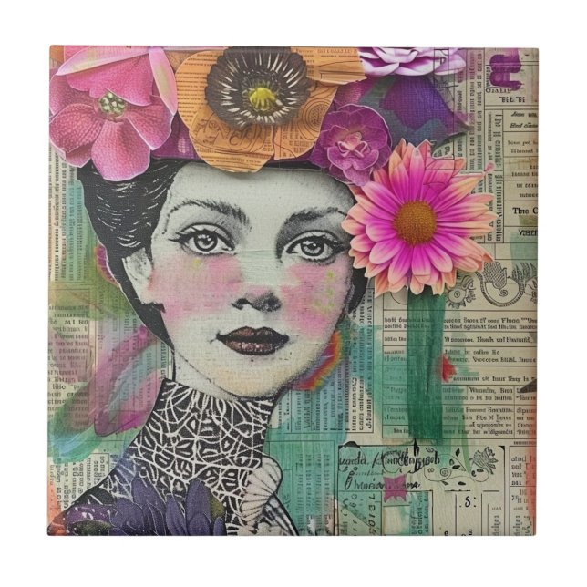 Vintage Scrapbook Collage Face (5) Tile (Front)