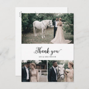 Vintage Script 3 Photo Collage Wedding Thank You Postcard