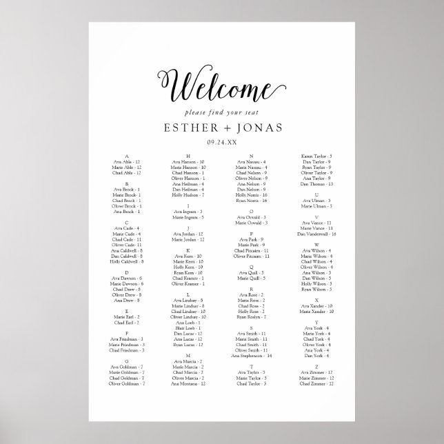 Vintage Script Alphabetical Seating Chart (Front)