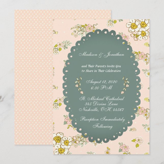 Vintage Script Floral Blush Wedding Invitation (Front/Back)