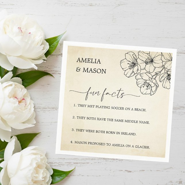 Vintage Script Floral Fun Facts Wedding  Napkin (Vintage Script Floral Fun Facts Wedding Napkins)