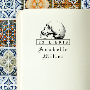 Vintage Script Gothic Skull Elegant Ex Libris Book Self-inking Stamp