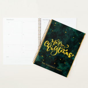 Vintage Script Green and Gold Merry Christmas Planner