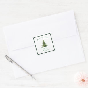 Vintage Script Green Gold Christmas Tree Address  Square Sticker