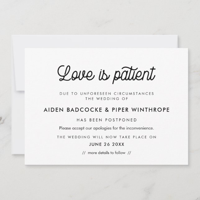 Vintage script Love is patient wedding update Invitation (Front)