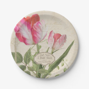 Vintage Script Parrot Tulip Art Pink Bridal Shower Paper Plate