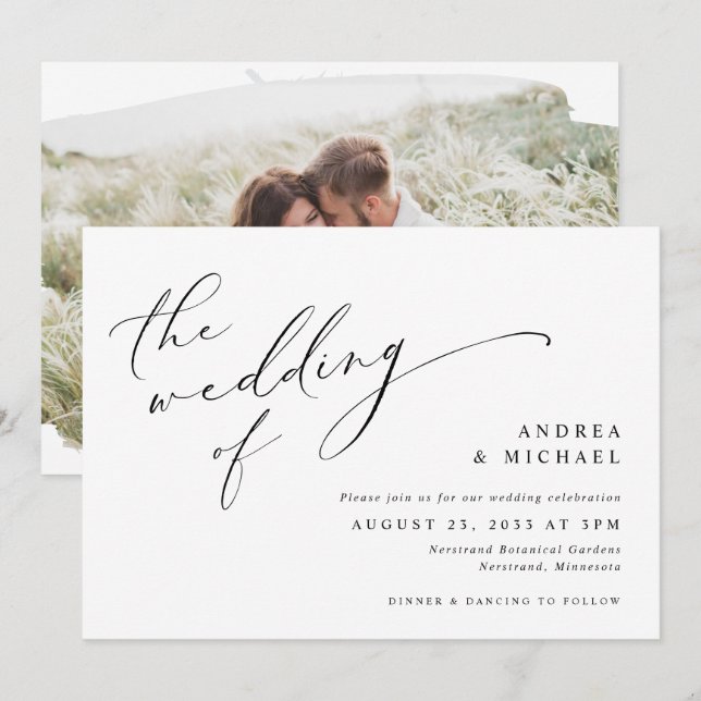 Vintage Script Romantic Photo Horizontal Wedding Invitation (Front/Back)