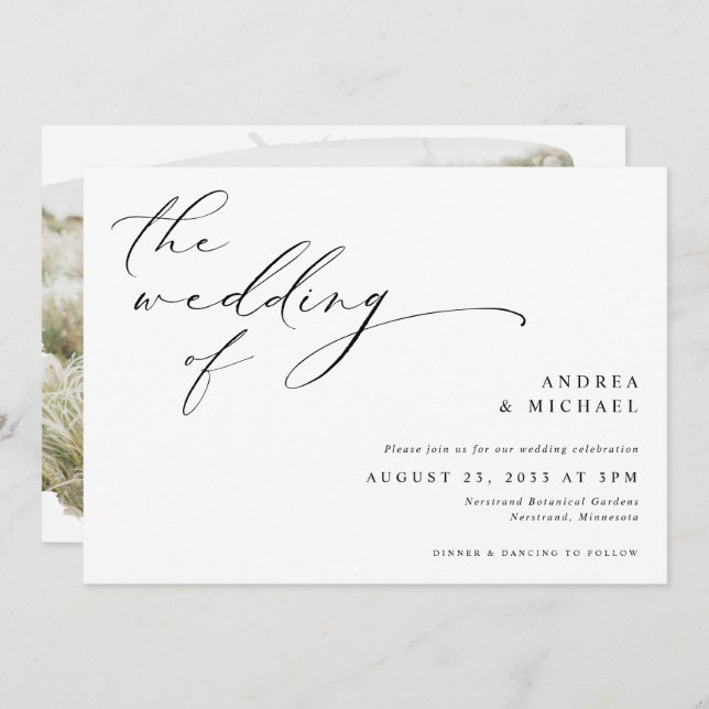 Vintage Script Romantic Photo Horizontal Wedding Invitation (Front/Back)