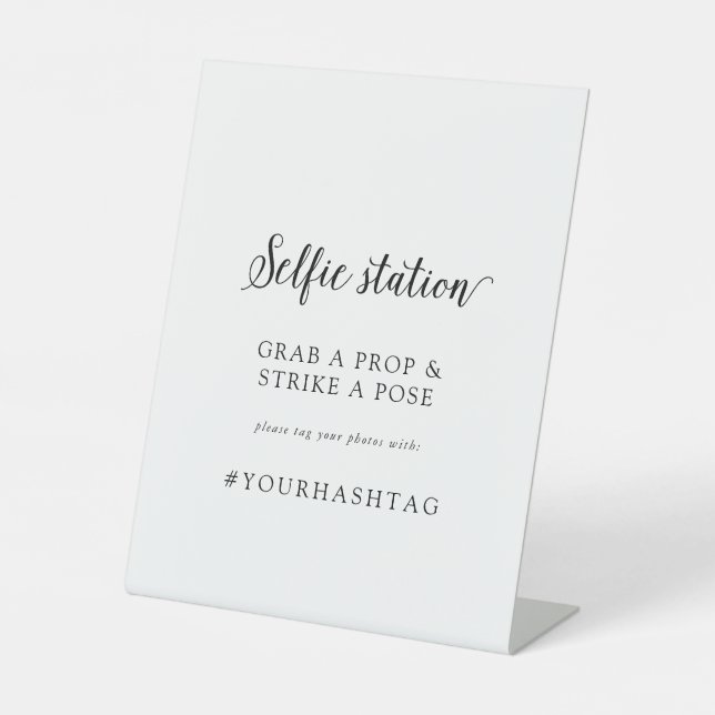 Vintage Script Selfie Station Wedding Hashtag Pedestal Sign (Front)