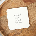 Vintage Script Wedding Square Paper Coaster<br><div class="desc">This vintage script wedding favour square paper coaster is perfect for a minimalist wedding. The romantic black and white design features unique whimsical typography with simple bohemian style. Customisable in any colour. Keep the design minimal and elegant, as is, or personalise it by adding your own graphics and artwork. Personalise...</div>