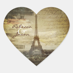 vintage scripts Paris Eiffel Tower Wedding Heart Sticker