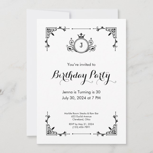 Vintage Scroll Black and White Birthday Invitation (Front)