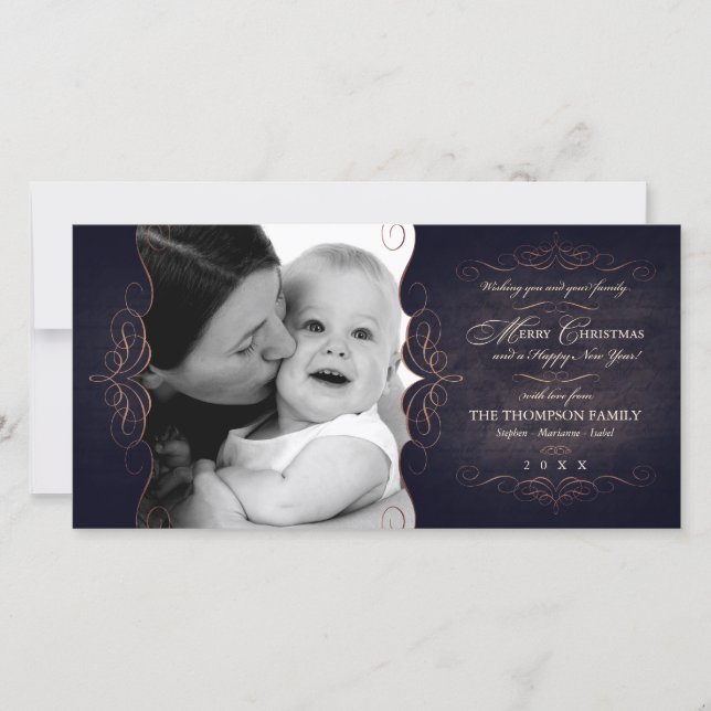 Vintage Scroll Chalkboard Christmas photo card (Front)