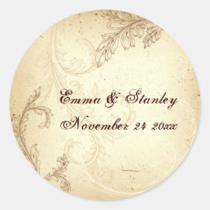 Vintage scroll leaf brown wedding Save the Date Classic Round Sticker