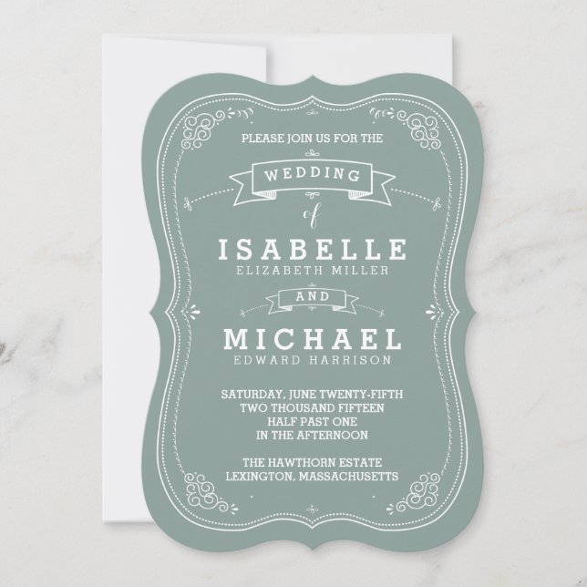 Vintage Scroll Wedding Invitation | Green (Front)
