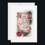 Vintage Scroll with Lantern and Christmas Greeting Holiday Card<br><div class="desc">Antique vintage scroll embellished with glowing lantern and holly with Christmas verse and red wax seal. Back features complementary graphics and editable text fields.</div>