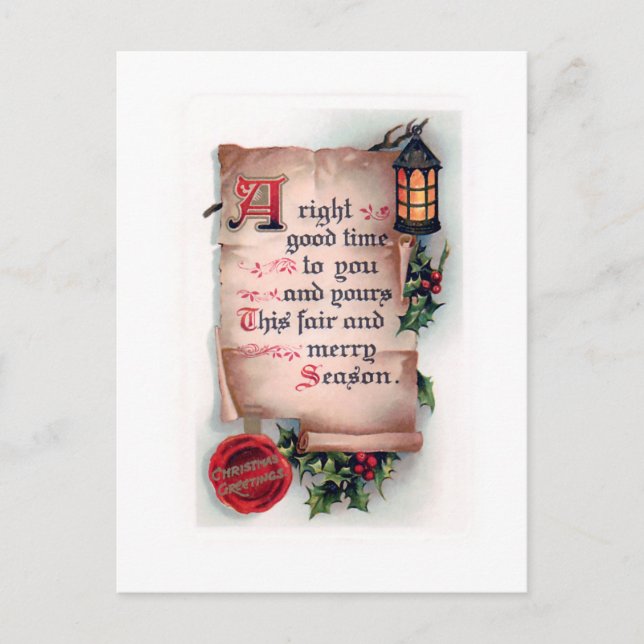 Vintage Scroll with Lantern and Christmas Greeting Postcard (Front)
