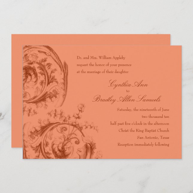 Vintage Scrolls Dark Peach Invitation (Front/Back)